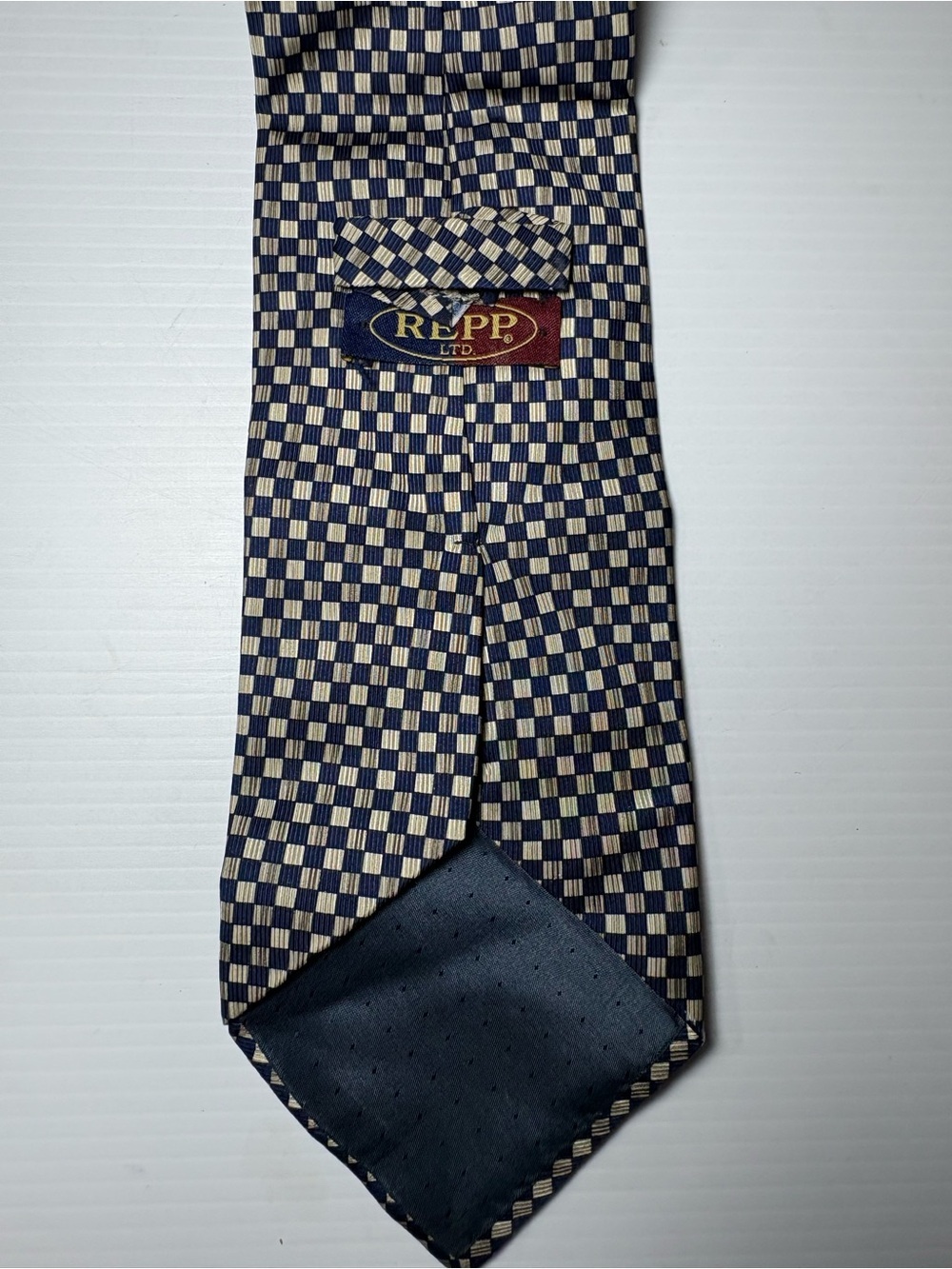 Navy and Cream Check Men's Silk Tie